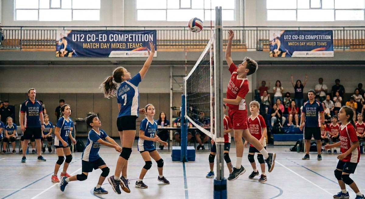 Youth volleyball players going up at the net during a co-ed game