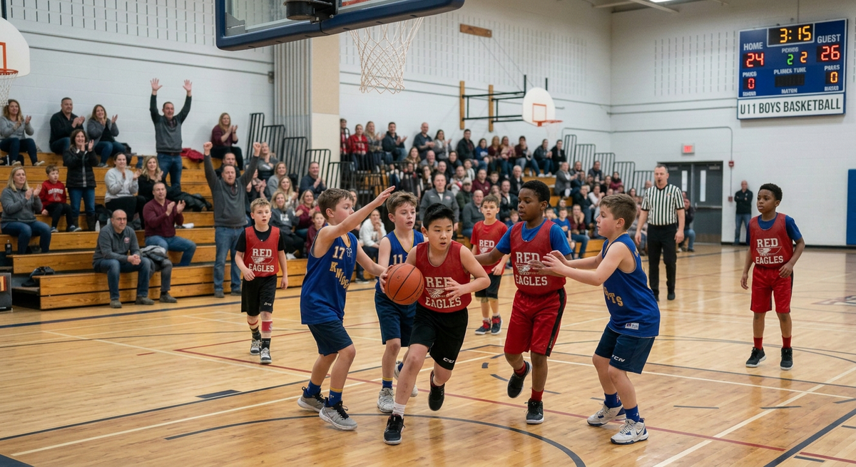 U11 boys youth basketball player driving to the basket in a school gym