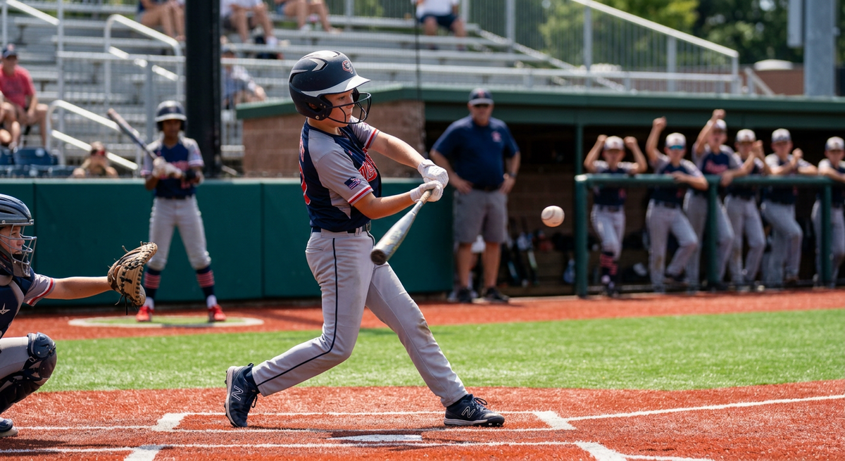 Youth baseball batter swinging at a pitch during a game