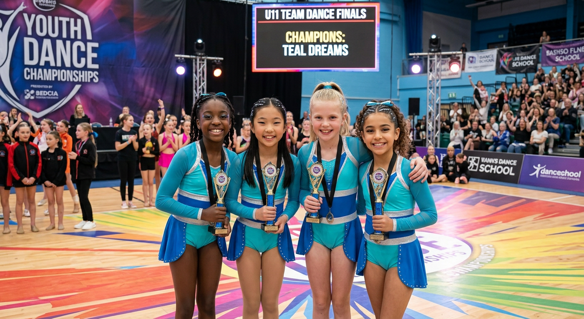 Youth dance team smiling with their trophies at a dance competition