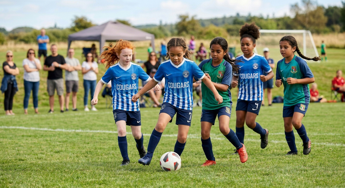Girls U10 youth soccer players chasing the ball during a game