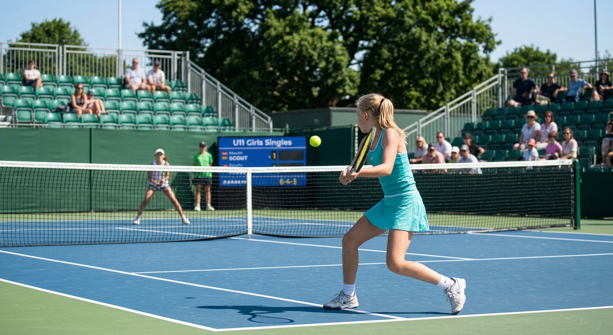 Young girl hitting a backhand during a youth tennis match