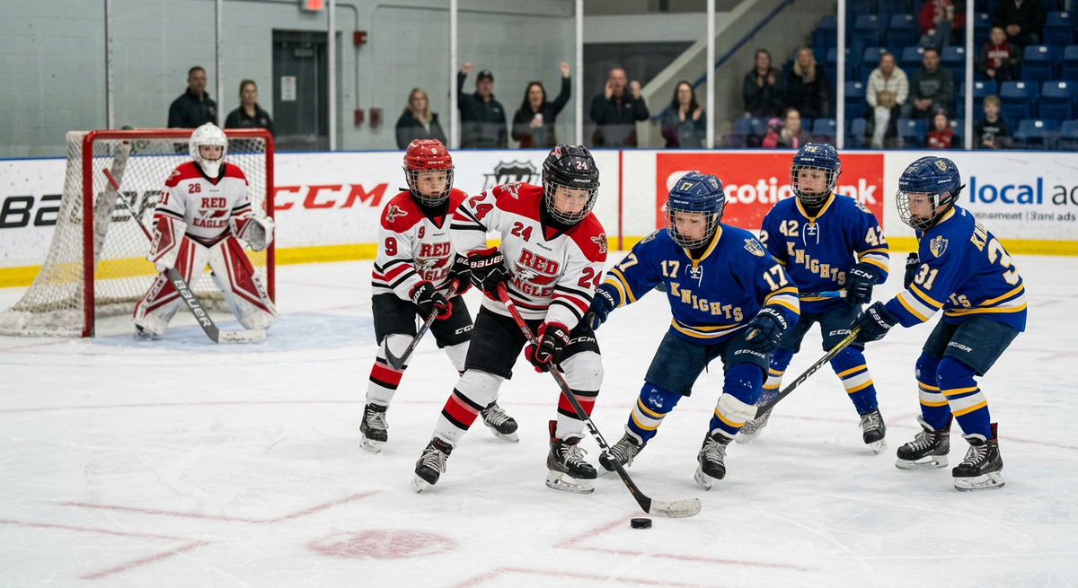 U11 boys youth hockey players battling for the puck during a game